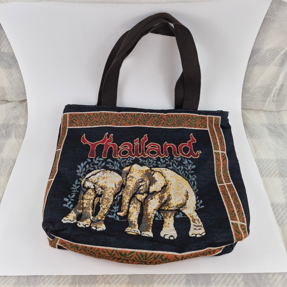 Handmade Thailand Elephant Woven Tapestry Tote Bag Zippered Shoulder Bag Black